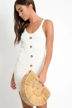 Rebellious Fashion Cream Knitted Button Front Bodycon Dress - Cesia