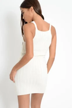 Rebellious Fashion Cream Knitted Button Front Bodycon Dress - Cesia