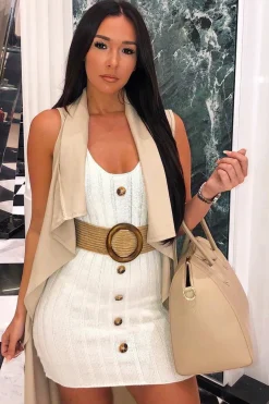 Rebellious Fashion Cream Knitted Button Front Bodycon Dress - Cesia