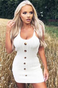 Rebellious Fashion Cream Knitted Button Front Bodycon Dress - Cesia