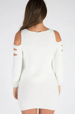 Rebellious Fashion Cream Knitted Cold Shoulder Cut Out Jumper Dress - Sienna