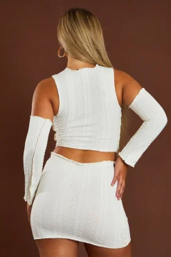 Rebellious Fashion Cream Knitted Cold Shoulder Crop Top & Mini Skirt Set - Zaynab