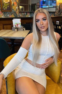 Rebellious Fashion Cream Knitted Cold Shoulder Crop Top & Mini Skirt Set - Zaynab