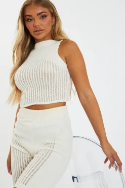Rebellious Fashion Cream Knitted High Neck Crop Top and Shorts Co-Ord Set - Nora