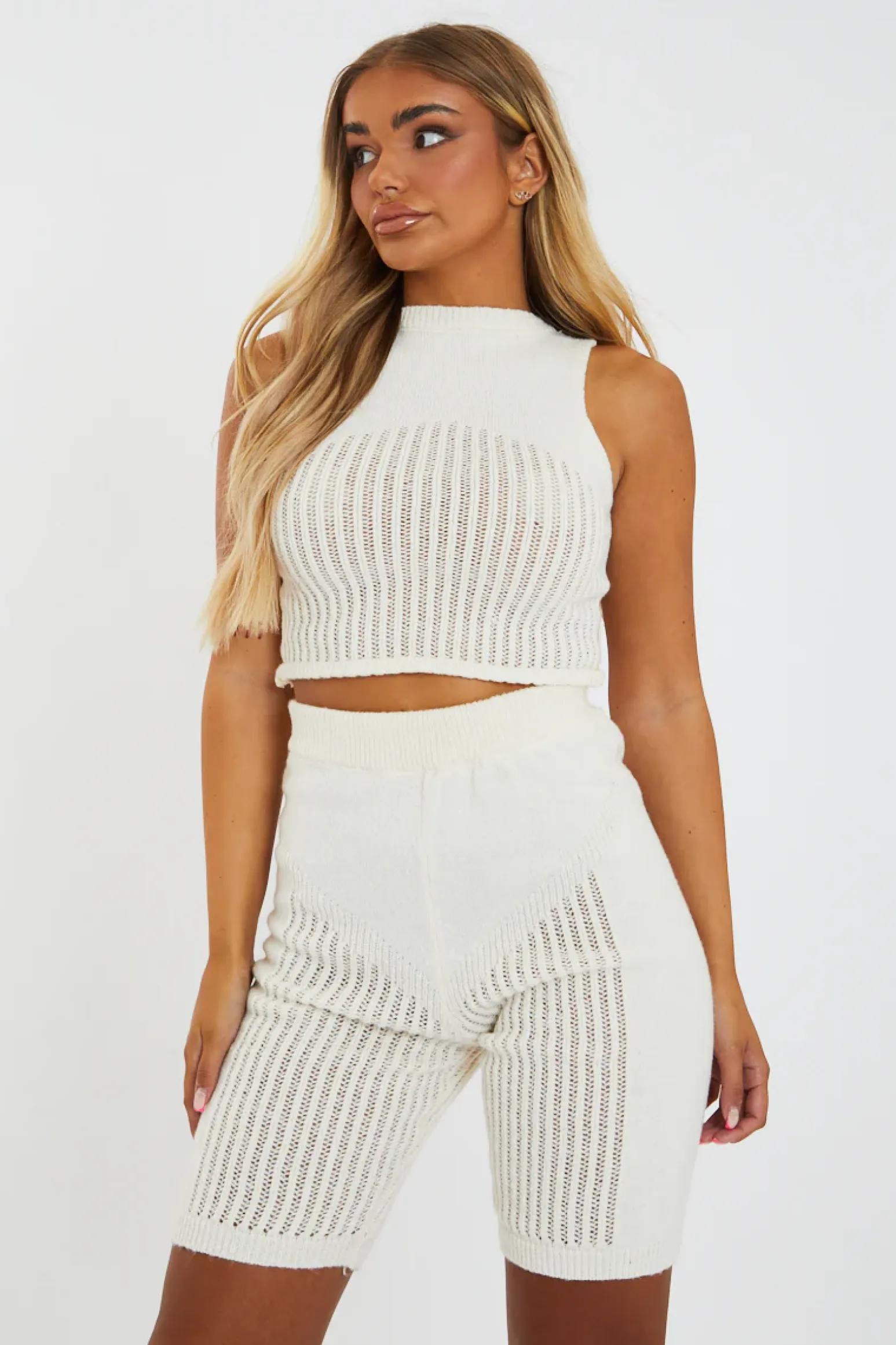 Rebellious Fashion Cream Knitted High Neck Crop Top and Shorts Co-Ord Set - Nora