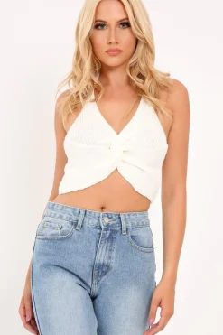 Rebellious Fashion Cream Knitted Knot Halterneck Crop Top - Irelyn