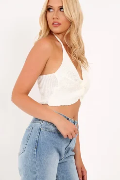 Rebellious Fashion Cream Knitted Knot Halterneck Crop Top - Irelyn
