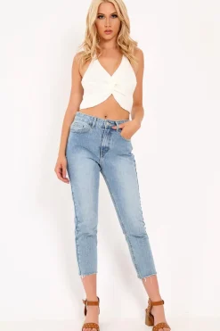 Rebellious Fashion Cream Knitted Knot Halterneck Crop Top - Irelyn