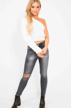 Rebellious Fashion Cream Knitted One Shoulder Jumper - Jayleah