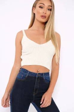 Rebellious Fashion Cream Knitted Plunge Front Vest Top - Jenova
