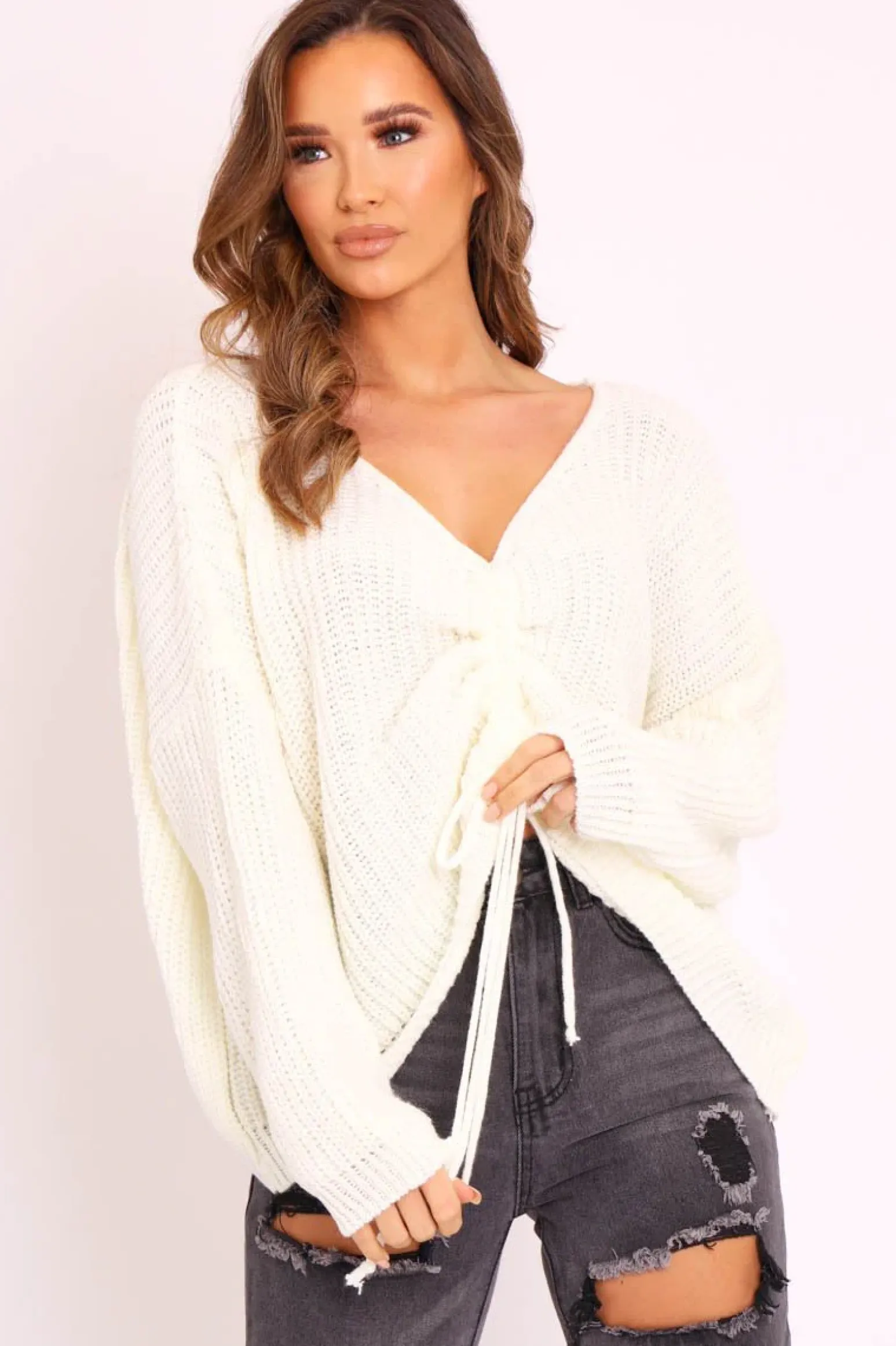 Rebellious Fashion Cream Knitted Ruched Tie Front Jumper - Soraya
