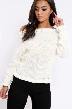Rebellious Fashion Cream Knitted Ruffle Jumper with Elasticated hems - Eve