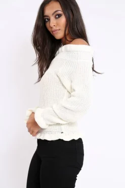 Rebellious Fashion Cream Knitted Ruffle Jumper with Elasticated hems - Eve