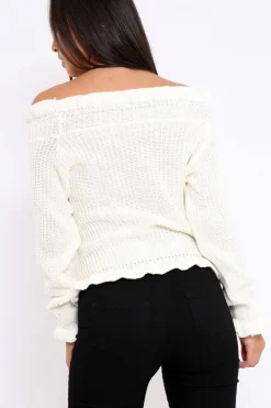 Rebellious Fashion Cream Knitted Ruffle Jumper with Elasticated hems - Eve