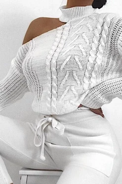 Rebellious Fashion Cream Knitted Slash Neck Off Shoulder Jumper - Hazel