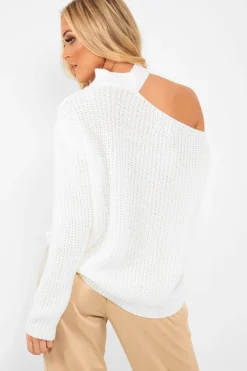 Rebellious Fashion Cream Knitted Slash Neck Off Shoulder Jumper - Hazel