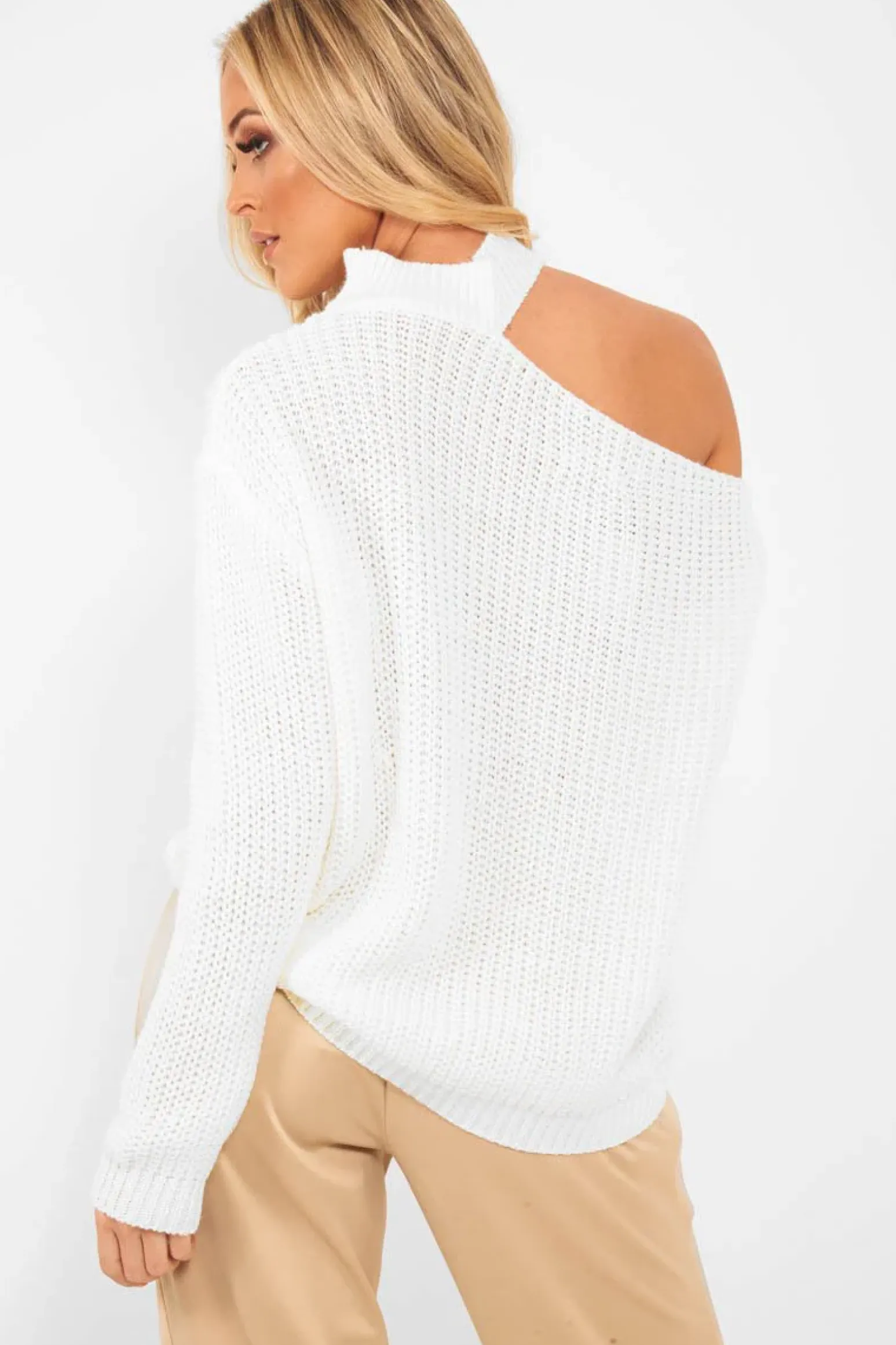 Rebellious Fashion Cream Knitted Slash Neck Off Shoulder Jumper - Hazel