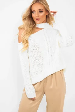 Rebellious Fashion Cream Knitted Slash Neck Off Shoulder Jumper - Hazel