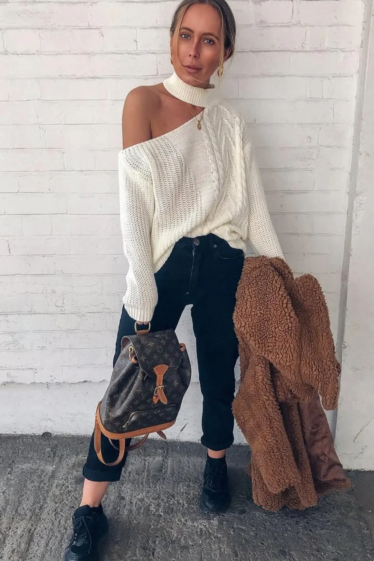 Rebellious Fashion Cream Knitted Slash Neck Off Shoulder Jumper - Hazel