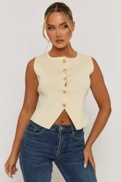 Rebellious Fashion Cream Knitted Square Neck Waistcoat - Karyn