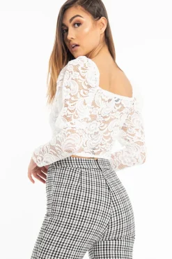 Rebellious Fashion Cream Lace Long Sleeve Puff Sleeve Crop Top - Gwynn