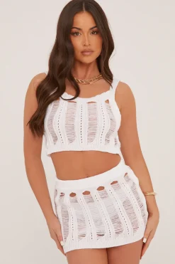 Rebellious Fashion Cream Laddering Crochet Cropped Top & Mini Skirt Co-ord Set - Allura
