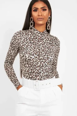Rebellious Fashion Cream Leopard Print Slinky High Neck Bodysuit - Abira