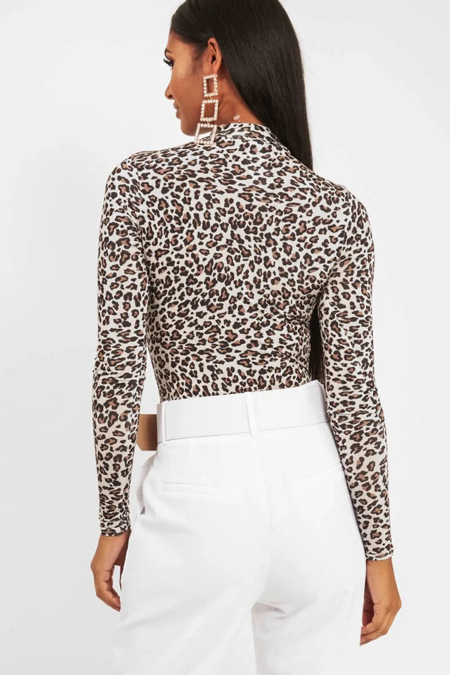 Rebellious Fashion Cream Leopard Print Slinky High Neck Bodysuit - Abira