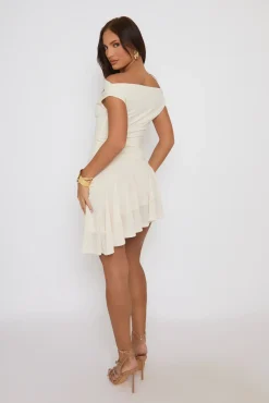 Rebellious Fashion Cream Mesh Asymmetric Bardot Mini Dress - Nathalie