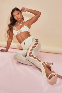 Rebellious Fashion Cream Mesh Halter Neck Crop Top & Cut Out Leggings - Fara