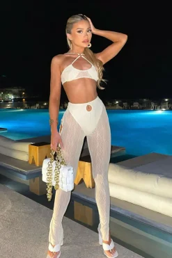 Rebellious Fashion Cream Mesh Halter Neck Crop Top & Cut Out Leggings - Fara