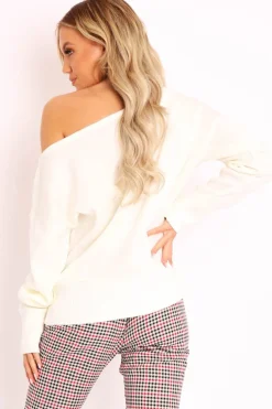 Rebellious Fashion Cream Off Shoulder Knit Jumper - Brithany