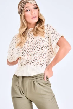 Rebellious Fashion Cream Open Knit Short Sleeve Top - Elene