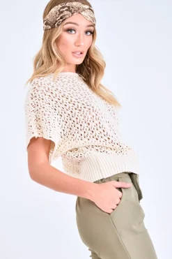 Rebellious Fashion Cream Open Knit Short Sleeve Top - Elene