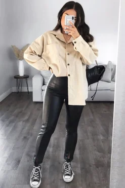 Rebellious Fashion Cream Oversized Fit Corduroy Shirt - Brina