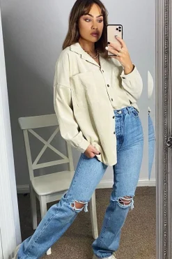 Rebellious Fashion Cream Oversized Fit Corduroy Shirt - Brina