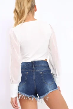 Rebellious Fashion Cream Plunge Sheer Sleeve Crop Top - Kally