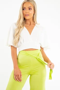 Rebellious Fashion Cream Plunge Tie Back Blouse Crop Top - Bryelle