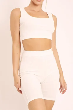 Rebellious Fashion Cream Ribbed Crop Top and Cycling Shorts Co-ord - Nina