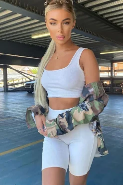 Rebellious Fashion Cream Ribbed Crop Top and Cycling Shorts Co-ord - Nina