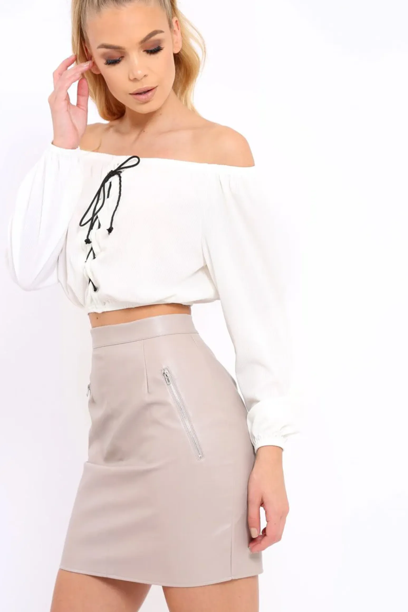 Rebellious Fashion Cream Ribbed Lace Up Bardot Crop Top - Sara