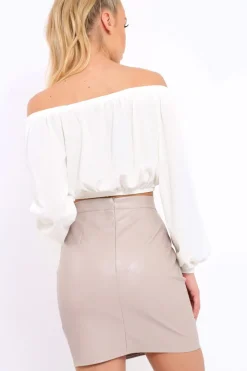 Rebellious Fashion Cream Ribbed Lace Up Bardot Crop Top - Sara
