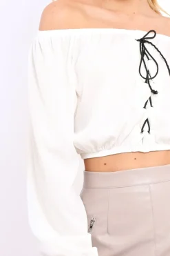 Rebellious Fashion Cream Ribbed Lace Up Bardot Crop Top - Sara