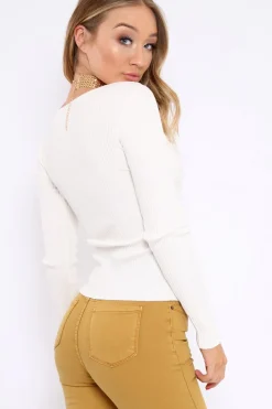 Rebellious Fashion Cream Ribbed Thin Knit Wrap Top - Jordi