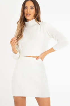 Rebellious Fashion Cream Rib Knit Crop Jumper Mini Skirt Co-Ord - Katie