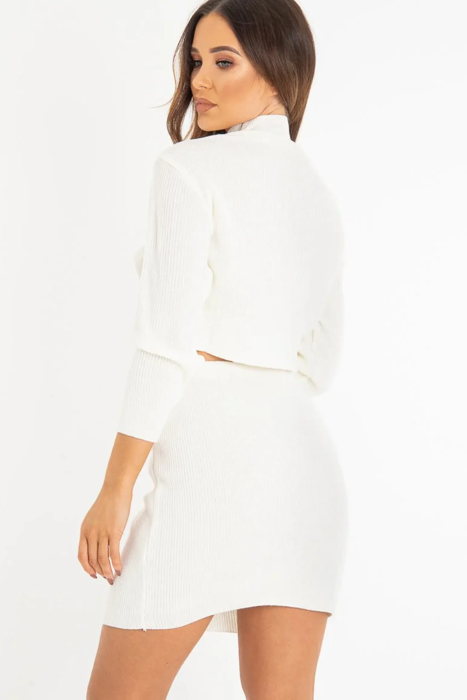 Rebellious Fashion Cream Rib Knit Crop Jumper Mini Skirt Co-Ord - Katie