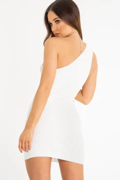 Rebellious Fashion Cream Rib Knit One Shoulder Mini Dress - Elisabeth