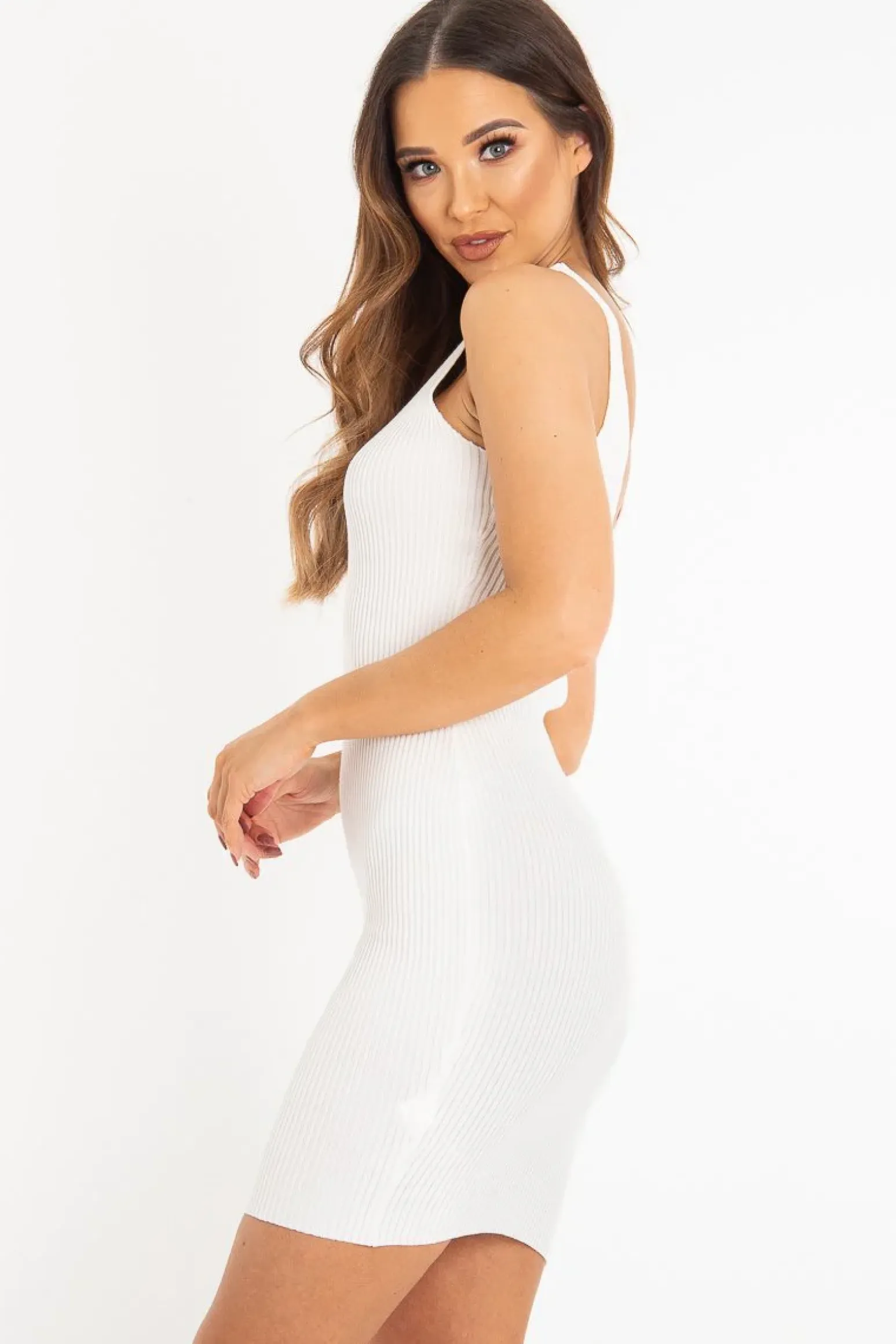 Rebellious Fashion Cream Rib Knit V Neck Mini Dress - Amylia