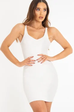Rebellious Fashion Cream Rib Knit V Neck Mini Dress - Amylia