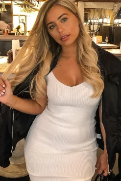 Rebellious Fashion Cream Rib Knit V Neck Mini Dress - Amylia